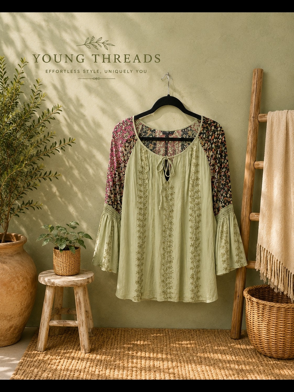 Young Threads Olive Green Embroidered Boho Tunic with Floral Sleeves